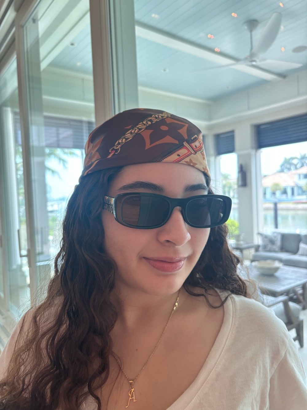 Luxury Brown Patterned Silk Headscarf - Picture 4 of 12